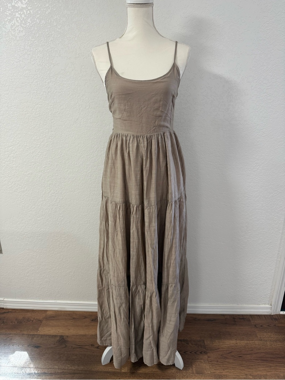 YURA M Spaghetti Strap Tiered Maxi Dress in Taupe Scoop Neck Open Back Tie.